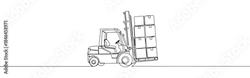 Continuous one line drawing of a forklift with boxes. Vector illustration of warehouse cargo truck isolated on white background. Minimalist logistics concept