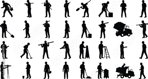 Construction Worker Silhouettes Vector Set Showing Diverse Trades and Activities Including Surveying, Excavation, Lifting, Welding, Carpentry, Machinery Operation, Safety Gear, Teamwork
