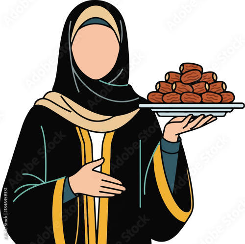 Muslim Woman Holding Plate of Dates Illustration for Ramadan