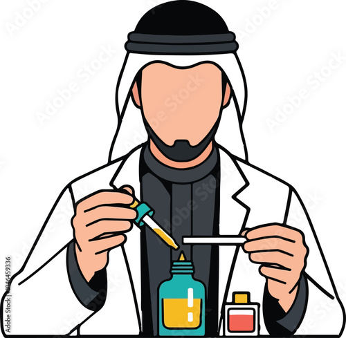 Arab Scientist Mixing Chemicals with Dropper, Professional Chemistry Research Vector Illustration