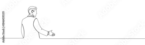 Continuous one line drawing of a businessman offering a handshake. Vector illustration of greeting gesture isolated on white background. Minimalist concept