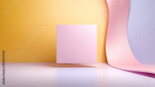 Minimalistic Scene with Pink Cube and Curved Colored Paper in Soft Background