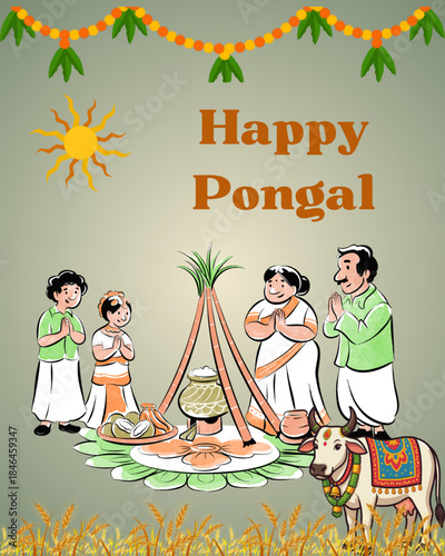 Happy Pongal wishes poster featuring traditional South Indian harvest festival elements such as Pongal pot, sugarcane, rice grains, kolam patterns, and festive decorations.
