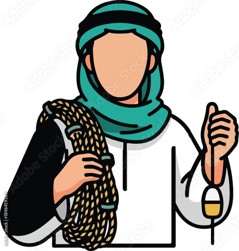 Arab Worker Illustration Holding Rope and Giving Thumbs Up in Traditional Attire