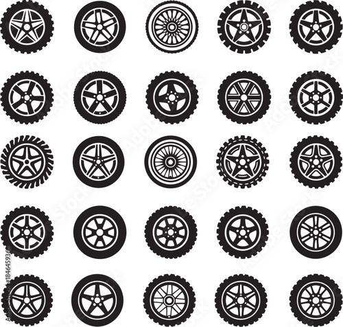 Black Rubber Wheel Tire Set Icon Illustration  Vector Auto Parts Graphic