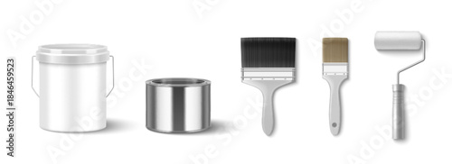 Paint bucket mockup set with realistic metal can, white plastic container, roller and brushes. 3D painting tools - steel tin with lid, wall roller and paintbrushes for home improvement and repair.