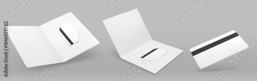 Hotel keycard mockup set with blank white plastic cards and magnetic stripe on gray background. Realistic 3D room key template collection with holder for branding or membership design.
