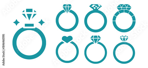 Assorted teal ring icons with various diamond and heart designs vector set