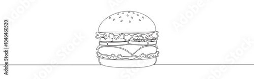 Continuous one line drawing of a burger. Vector illustration of delicious fast food sandwich isolated on white background. Minimalist lunch meal concept