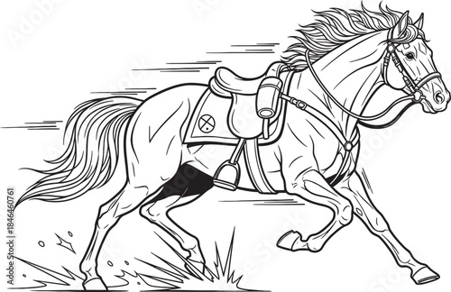 A majestic horse galloping at high speed, kicking up dust, wearing a saddle and bridle, in a dynamic line art style.