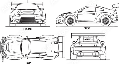 Detailed schematic of a custom-built GT racing vehicle from multiple angles.