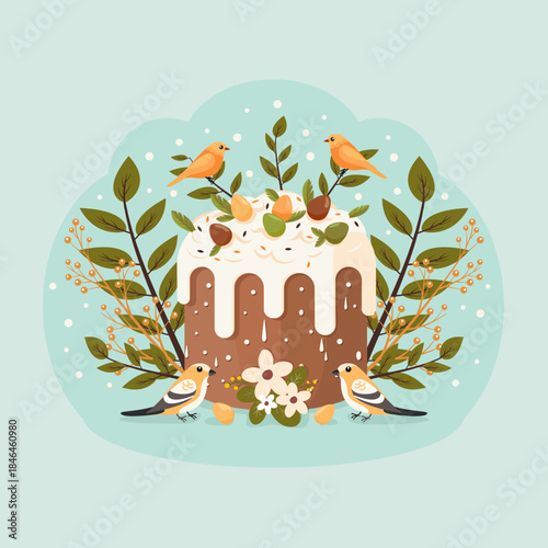 Easter cake with icing and sprinkles, surrounded by birds and leaves. Traditional Easter cake. Vector illustration.