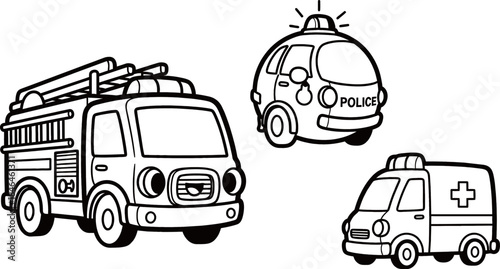 Cartoon outline drawing of three emergency vehicles: a fire truck, a police car, and an ambulance.