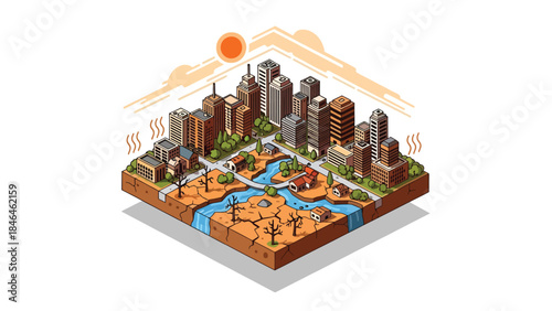 Isometric vector 3D view of a modern city impacted by climate change, showing flooded streets and dry buildings with evacuation scenes and clear environmental contrast