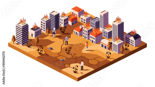 Isometric vector 3D view of a modern city impacted by climate change, showing flooded streets and dry buildings with evacuation scenes and clear environmental contrast
