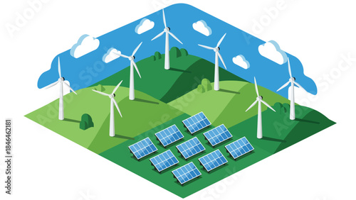 Isometric vector 3D view of a renewable energy landscape with wind turbines and solar panels on green hills, representing a clean and sustainable future