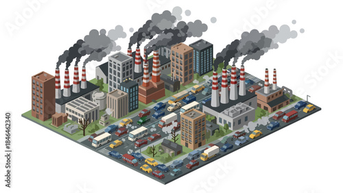 Isometric vector 3D view of an urban area affected by air pollution, with factories, heavy traffic, and masked pedestrians illustrating environmental health risks