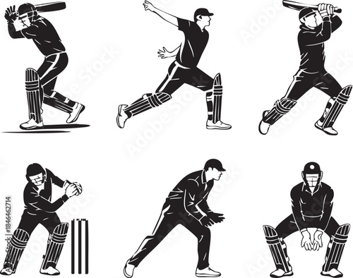 Set of Cricket Player Silhouettes in Action