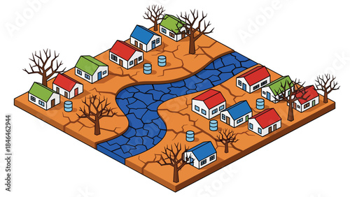 Isometric vector 3D view of a rural village experiencing water scarcity, with dry land and residents collecting limited clean water resources