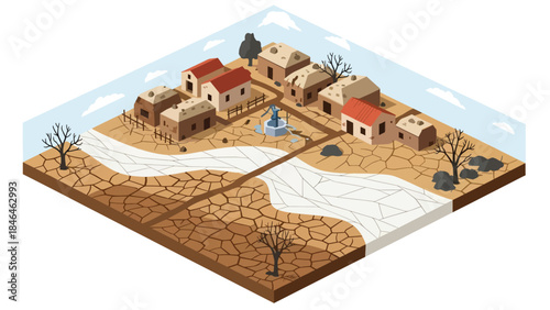 Isometric vector 3D view of a rural village experiencing water scarcity, with dry land and residents collecting limited clean water resources