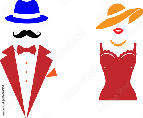 Stylized silhouette icons representing a formally dressed man and a glamorous woman in vibrant colors