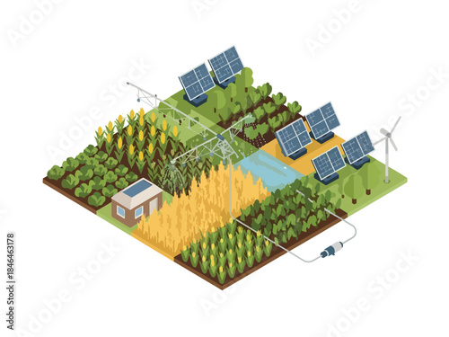Isometric vector 3D view of sustainable farming with crops, irrigation systems, and renewable energy supporting eco-friendly agriculture