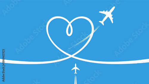 Two airplanes flying in the sky, one leaving a heart-shaped trail, symbolizing love for travel.