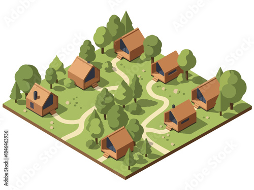 Isometric vector 3D view of an eco tourism destination with nature cabins and forest trails, promoting sustainable travel and minimal environmental impact