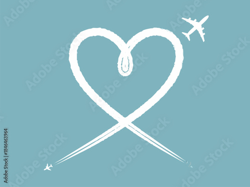 An airplane draws a heart shape in the sky with its contrail, symbolizing love for travel.
