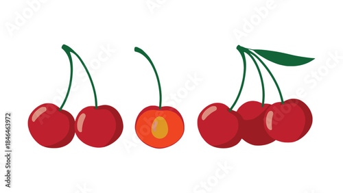 Vibrant cherries with green stems on white background