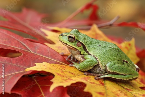Ultra Realistic Photo Of Vibrant Green Frog Resting On Red Yellow Autumn Leaf UHD