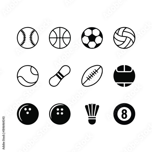 "Monochrome Sports Ball Icon Set - Outline & Solid Vectors"