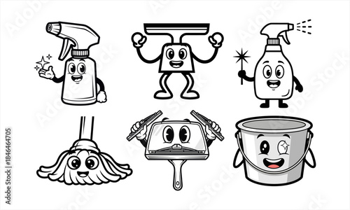 Cute Cleaning Supplies Cartoon Characters Set.
