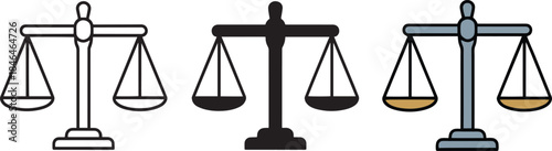 Scales of justice icon set in outline solid black and color variations symbolizing law