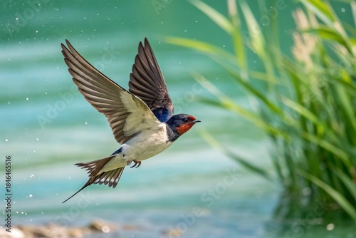 Swallow in Graceful Flight Over Blurred Water Background