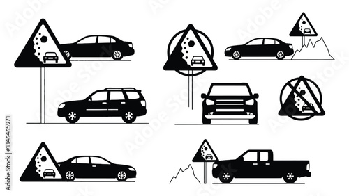 Vehicles approaching road warning signs in black silhouette
