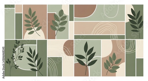 Abstract Botanical Collage with Leaf Motifs and Organic Shapes in Earth Tones