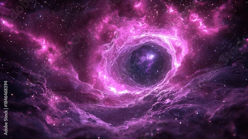 A swirling, vibrant cosmos with a central glowing point, encircled by nebulous pink and violet clouds