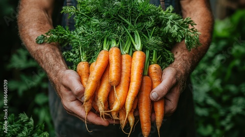 Close-up of person holding freshly harvested orange carrots with green tops against dark background