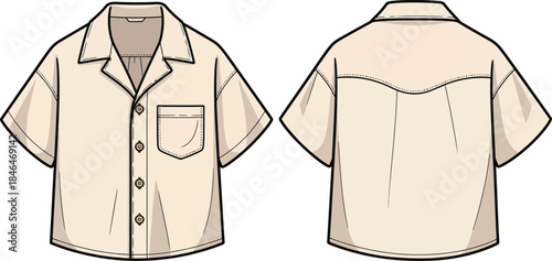 Cad project minimalist flat sketch short sleeve cuban collar shirt design template isolated on transparent background, Vector