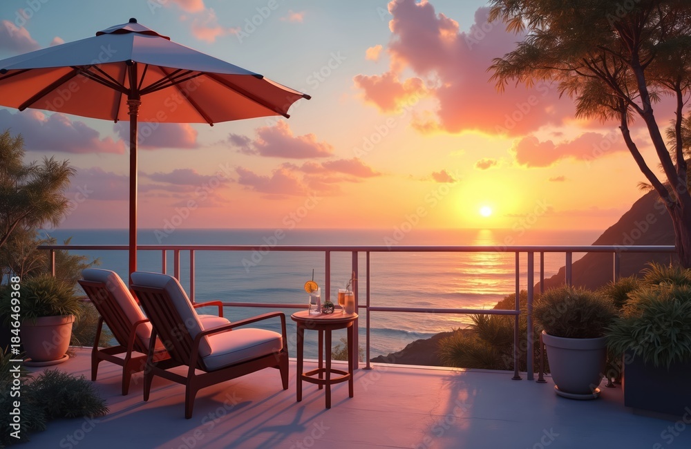 Obraz premium Balcony with lounge chairs and drinks overlooks ocean at sunset. Orange sky, calm sea, and rich green plants create a peaceful tropical atmosphere. Ideal for relaxation and vacation themes.