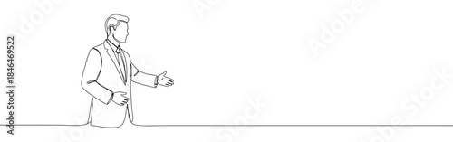 Continuous one line drawing of a businessman offering a handshake. Vector illustration of greeting gesture isolated on white background. Minimalist concept