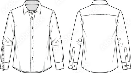 Minimalist cad flat sketch long sleeve button-up shirt design template isolated on transparent background, Vector