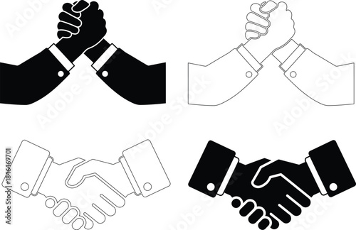 Arm Wrestling and Handshake Vector Icons – Competition and Partnership Symbols