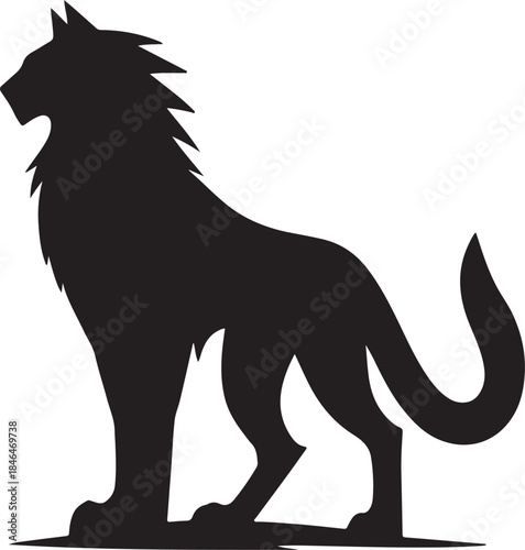 Fierce, stylized black silhouette of a standing warrior-like lion or powerful feline creature, with a prominent spiky mane.