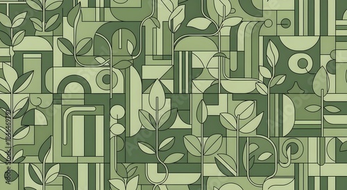 Muted Forest Geometry Abstract Botanical Art with Leaf and Branch Motifs in Earthy Green Tones