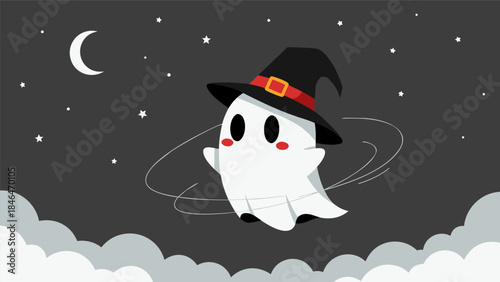 A cute cartoon ghost wearing a witch hat spins in the night sky with clouds and a crescent moon.