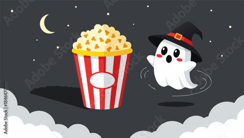 A cute cartoon ghost wearing a witch hat floats next to a bucket of popcorn under a crescent moon and starry night sky.