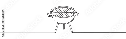 Continuous one line drawing of a BBQ grill. Vector illustration of charcoal barbecue kettle isolated on white background. Minimalist picnic cooking concept..