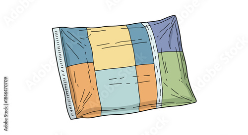 Colorful poly mailer with patchwork design isolated on white background, showcasing vibrant geometric patterns and sealed edges